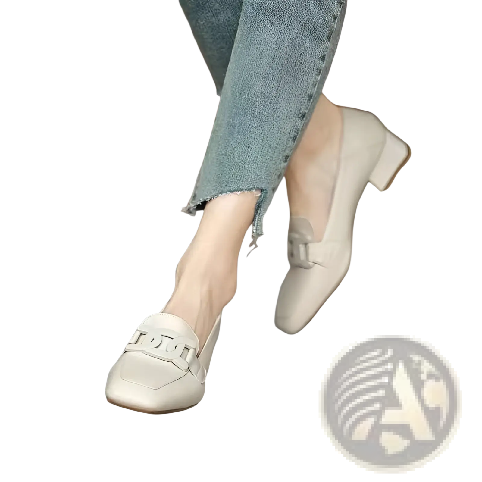 Beige leather loafers with a square toe small block heel and decorative metal buckle across the vamp