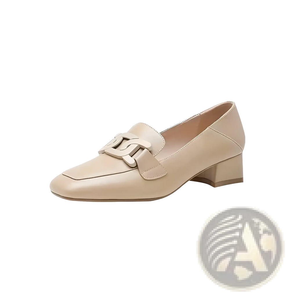 Beige leather loafers with a square toe and metallic chain-link buckle for stylish formal wear