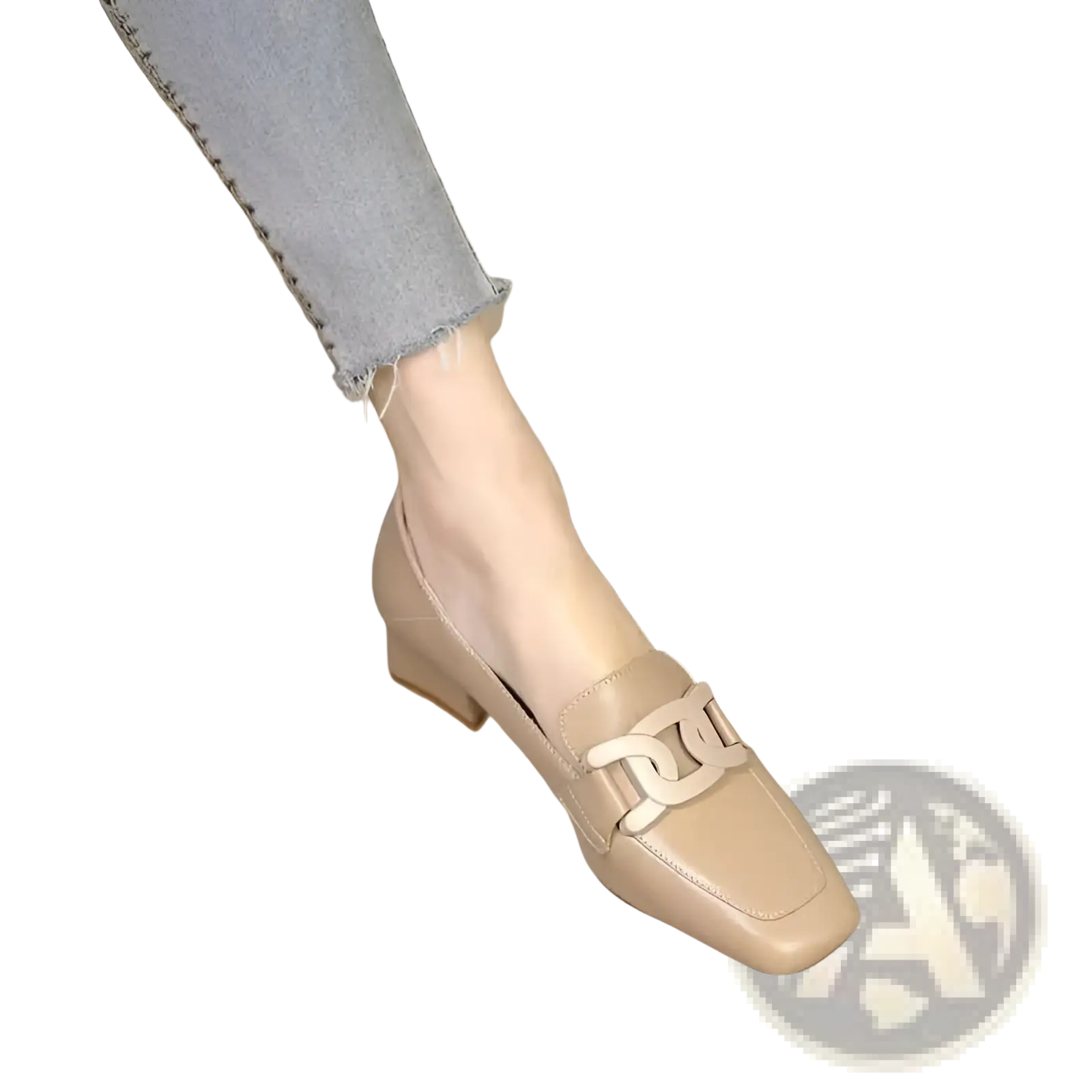 Beige leather loafers with a white metal chain-link buckle and square toe pumps for elegant wear