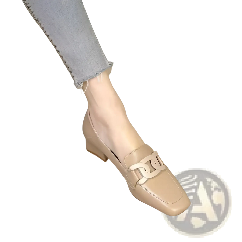 Beige leather loafers with a white metal chain-link buckle and square toe pumps for elegant wear