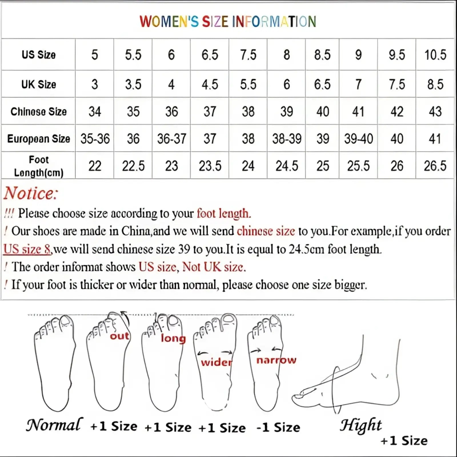 Detailed women’s leather loafers with metal buckle sizing chart and foot shape guide for accurate square toe pump fit