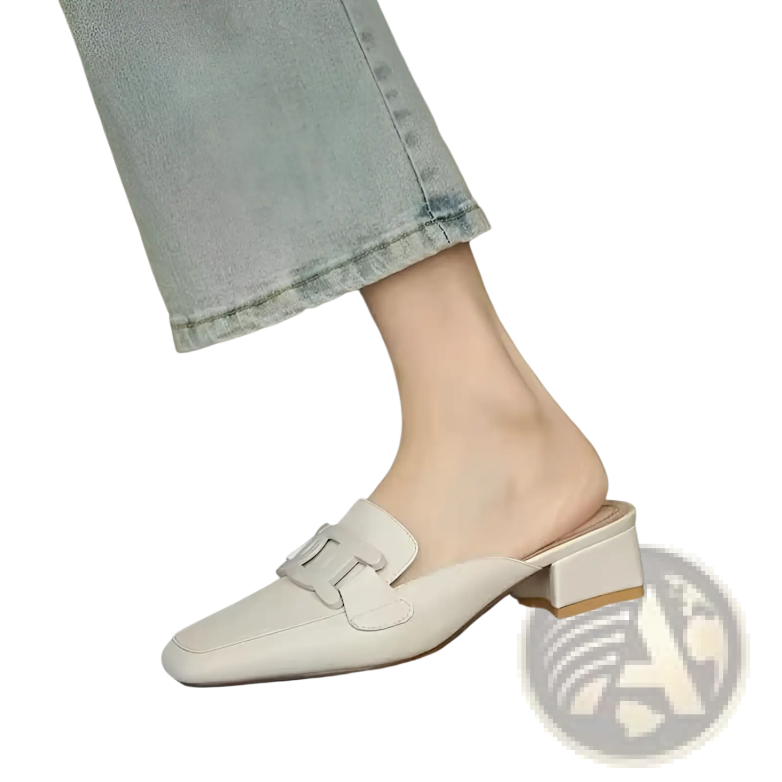 White leather loafers with metal buckle square toe pumps featuring a decorative strap and block heel