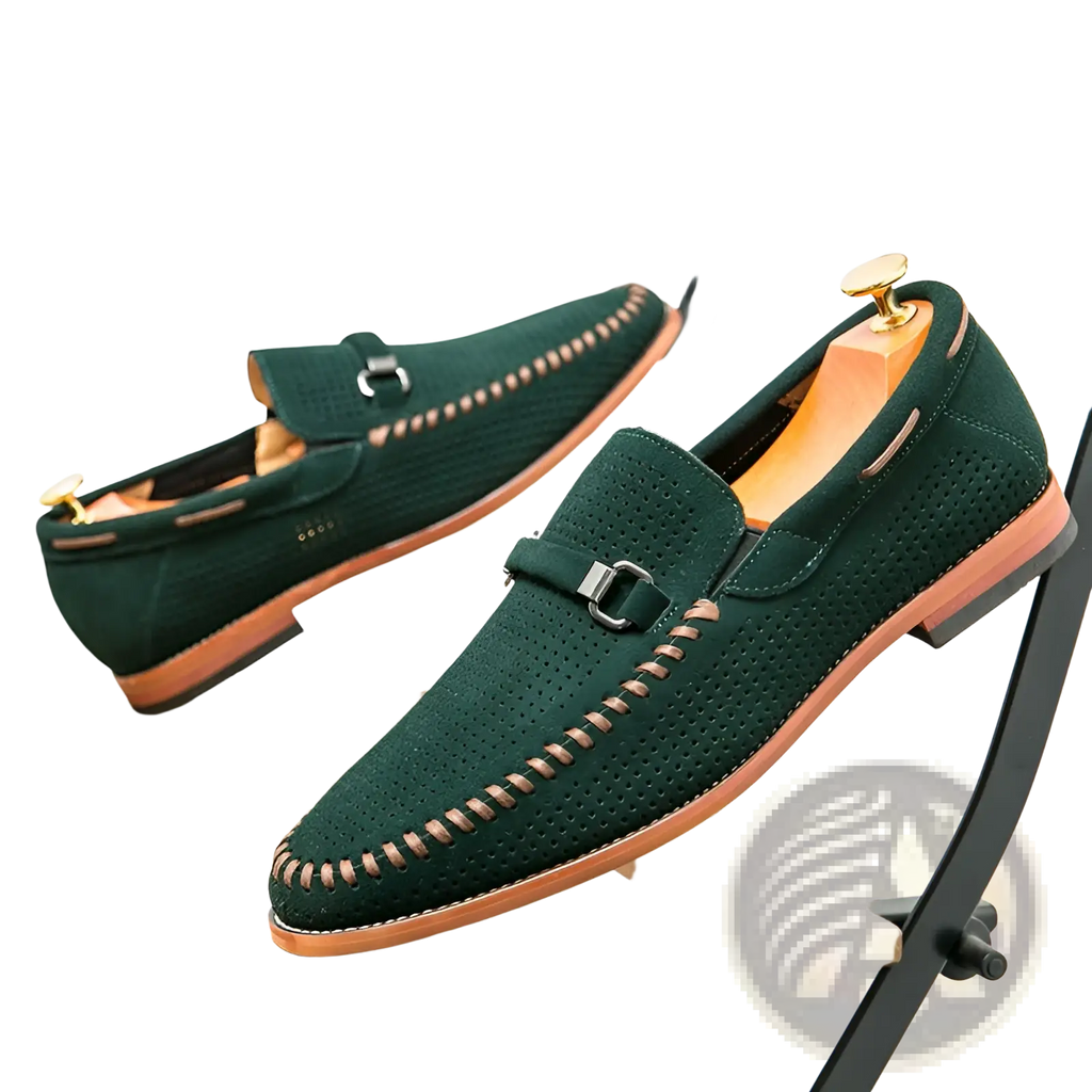 Dark green leather loafers perforated suede slip-on shoes with tan stitching and metallic buckle accent