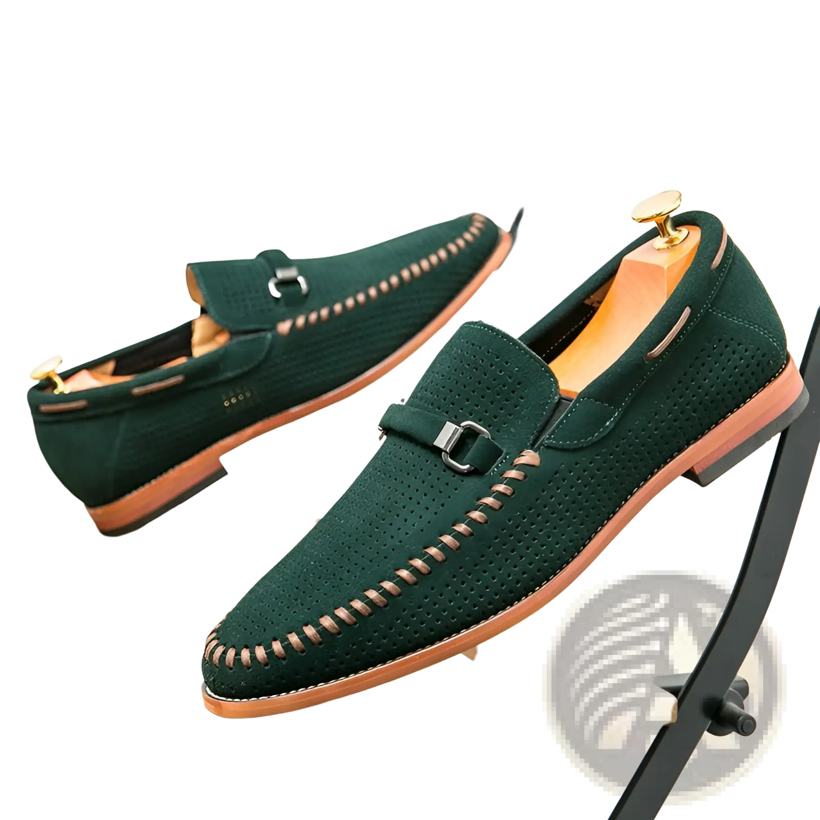 Dark green leather loafers perforated suede slip-on shoes with tan stitching and metallic buckle accent