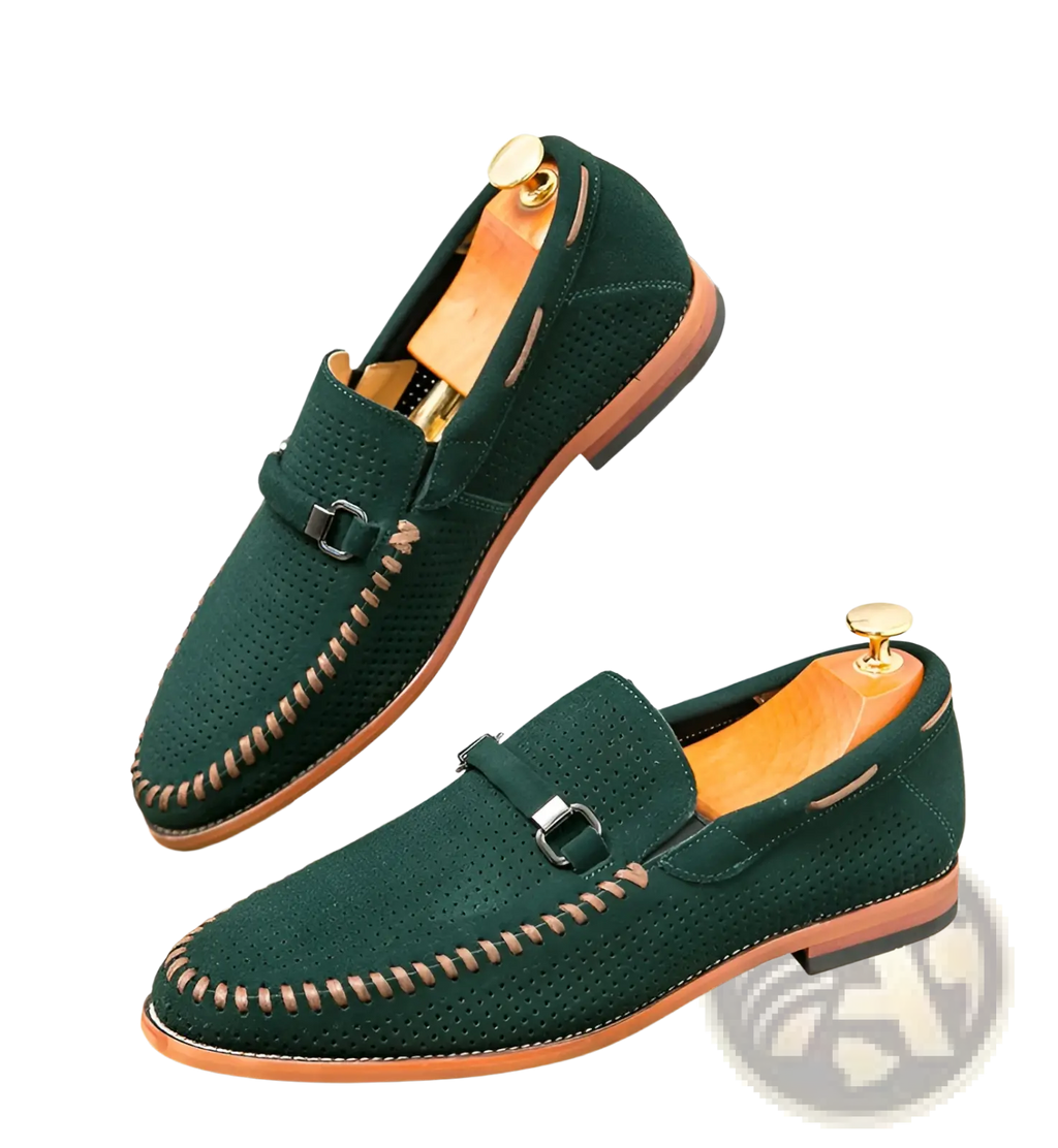Dark green leather loafers perforated suede slip on shoes with tan stitching and metallic buckle strap