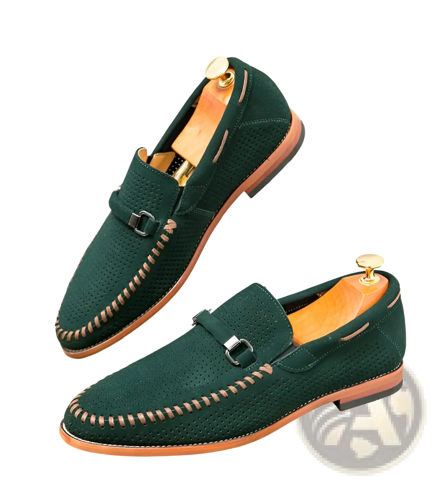Dark green leather loafers perforated suede slip on shoes with tan stitching and metallic buckle strap