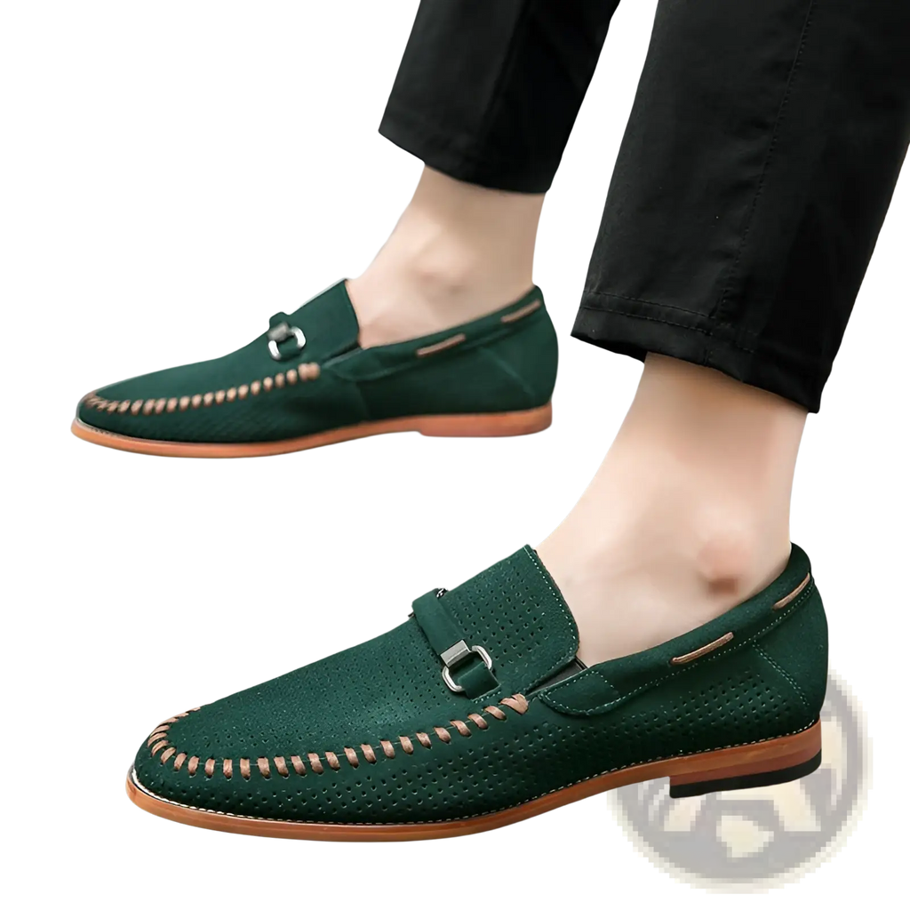 Dark green leather loafers with perforated suede, tan stitching, and a silver-toned buckle slip on shoes