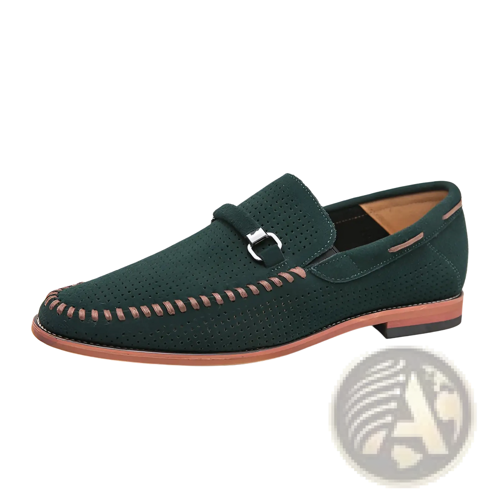 Dark green leather loafers with perforated suede, tan stitching, and a silver buckle slip on shoes