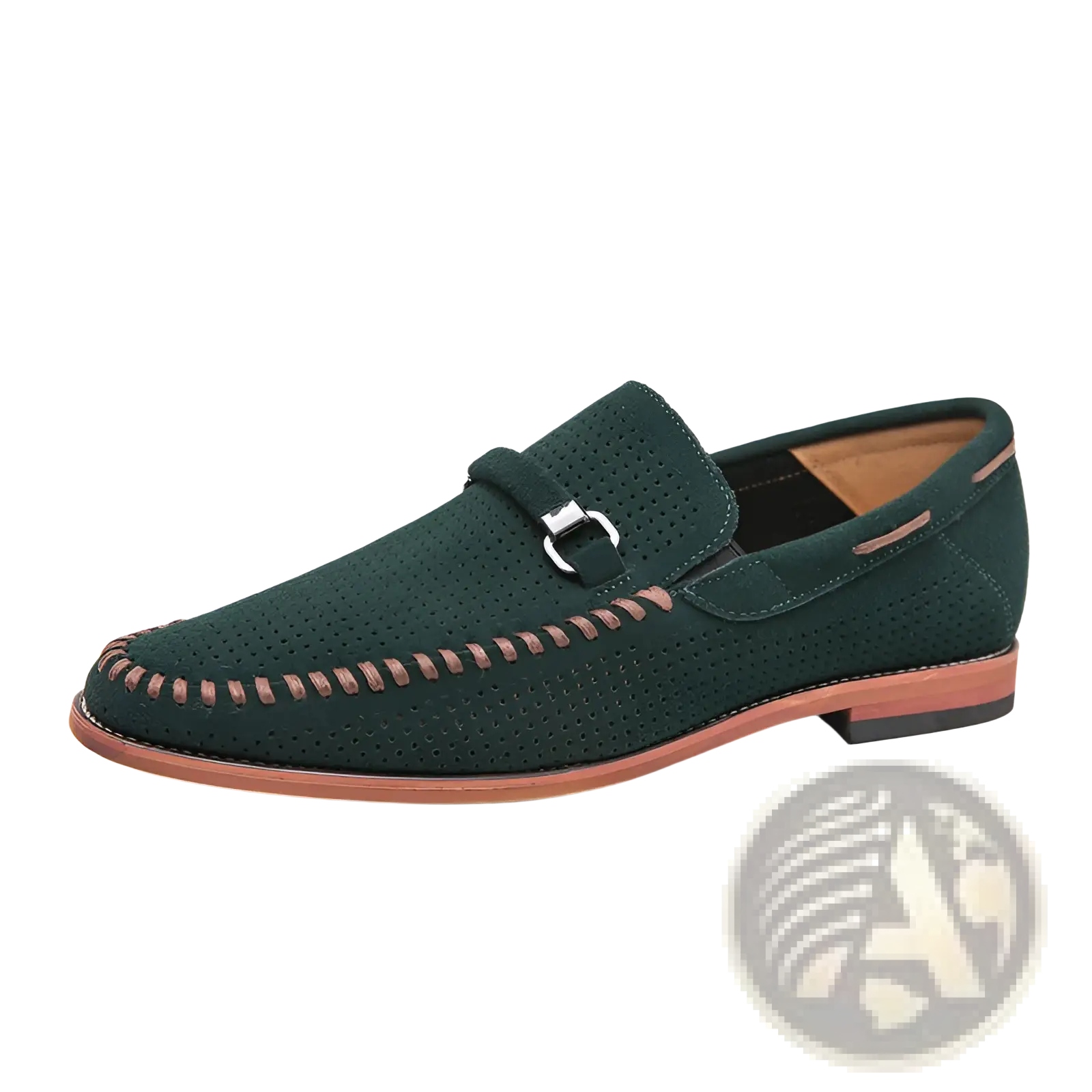 Dark green leather loafers with perforated suede, tan stitching, and a silver buckle slip on shoes