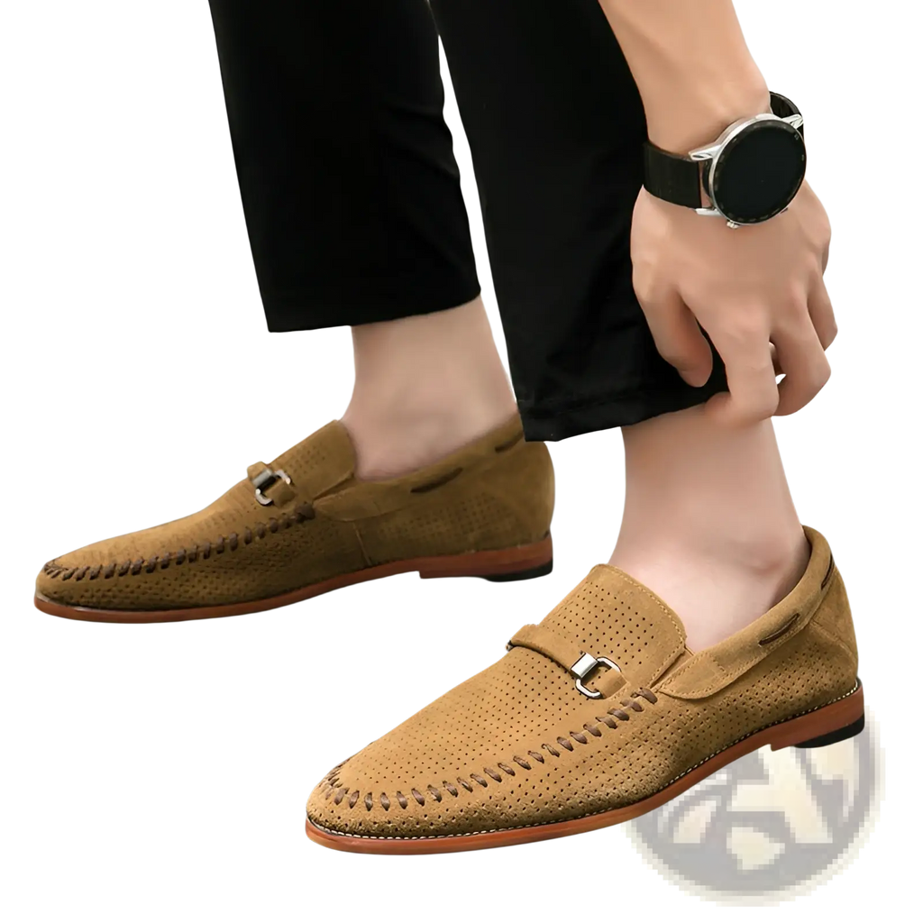 Tan leather loafers with perforated suede upper and silver-toned buckle slip-on shoes for casual wear