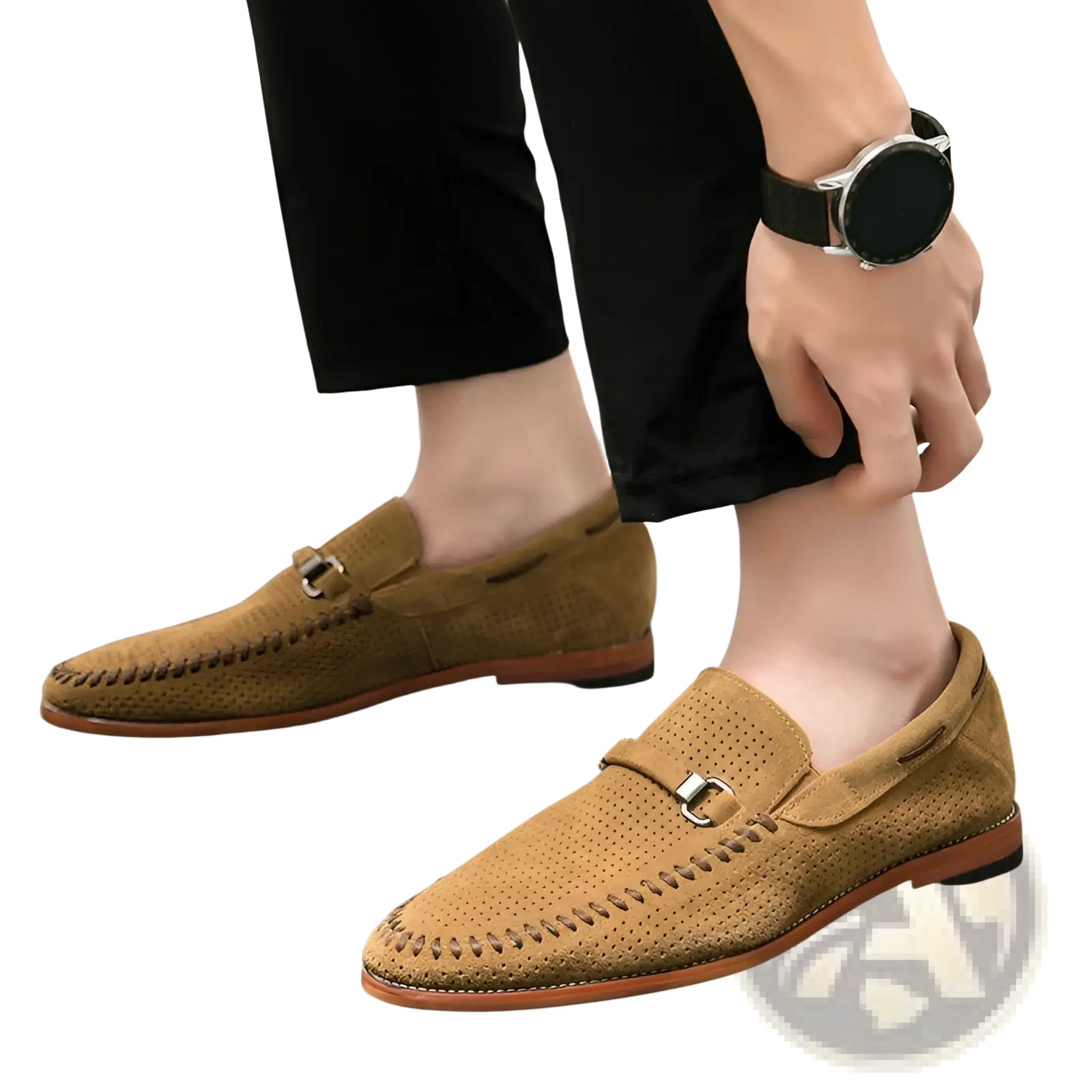 Tan leather loafers with perforated suede upper and silver-toned buckle slip-on shoes for casual wear