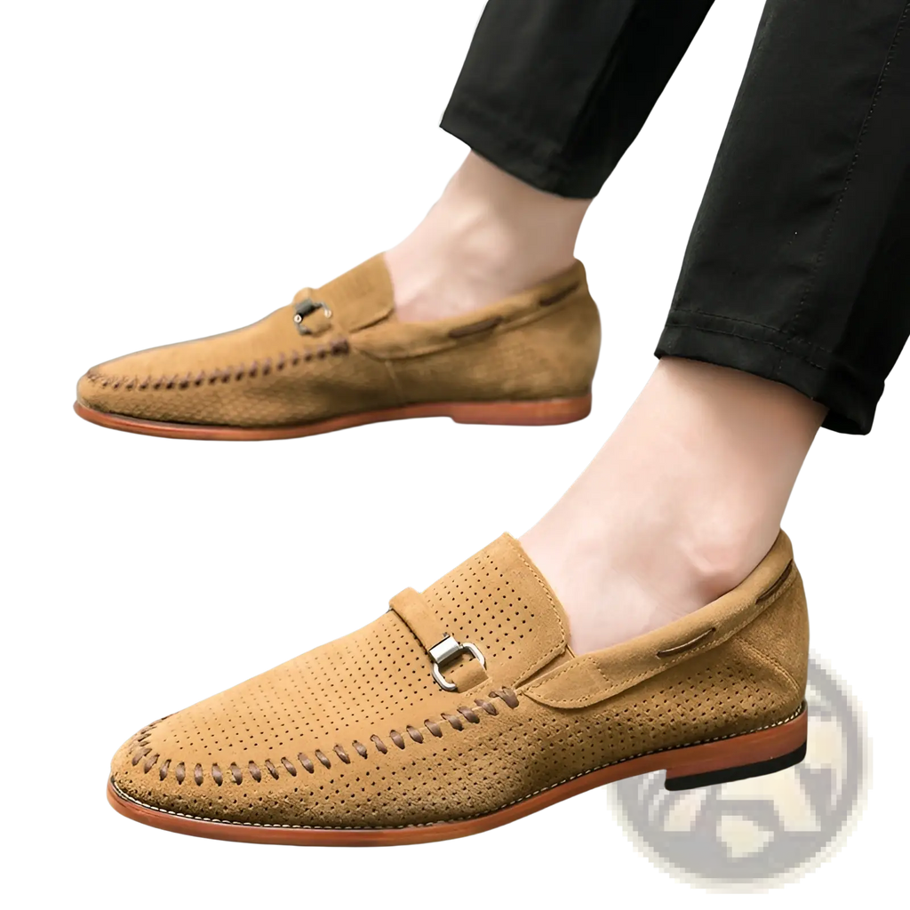 Tan perforated suede leather loafers with silver horsebit buckle slip on shoes for casual and formal wear