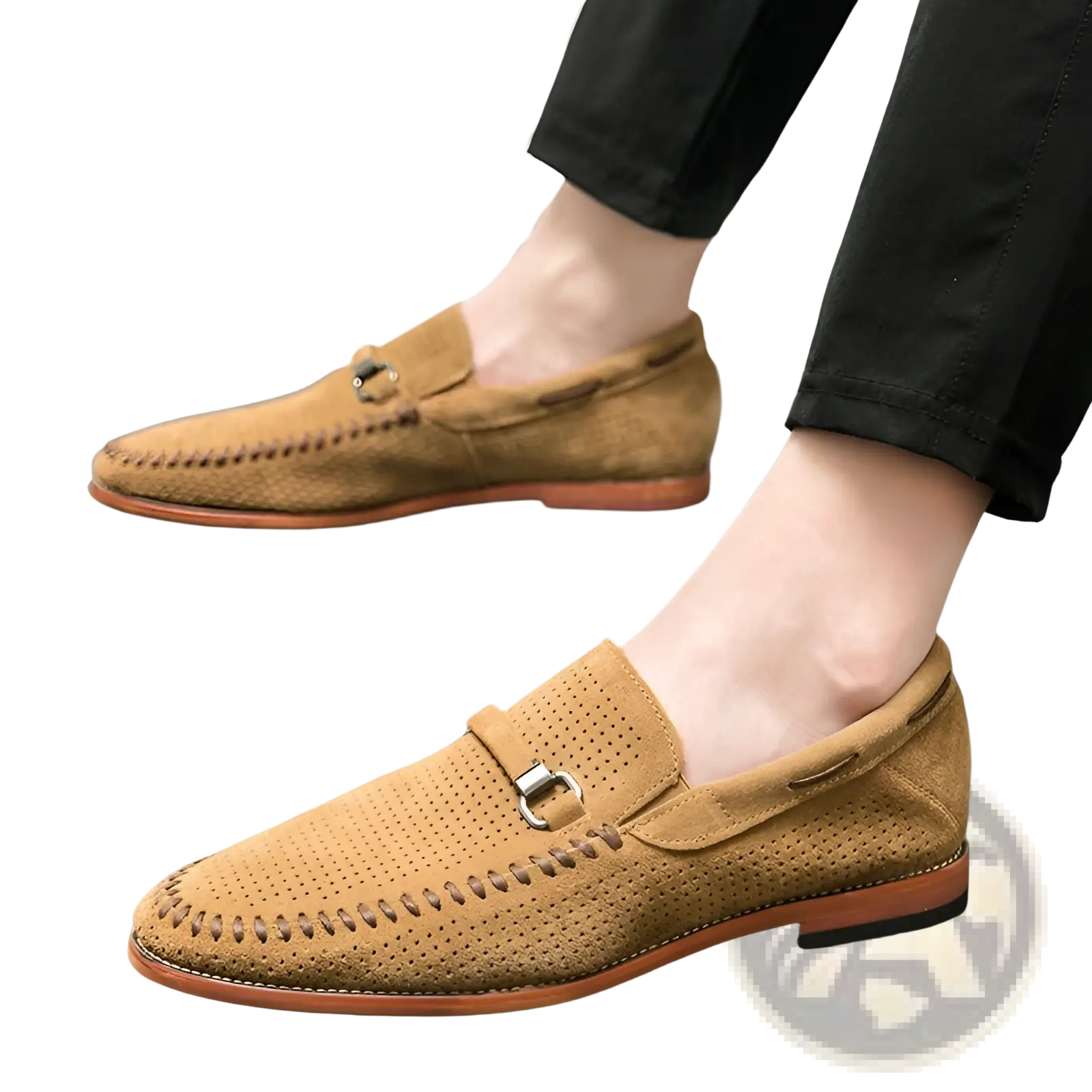 Tan perforated suede leather loafers with silver horsebit buckle slip on shoes for casual and formal wear