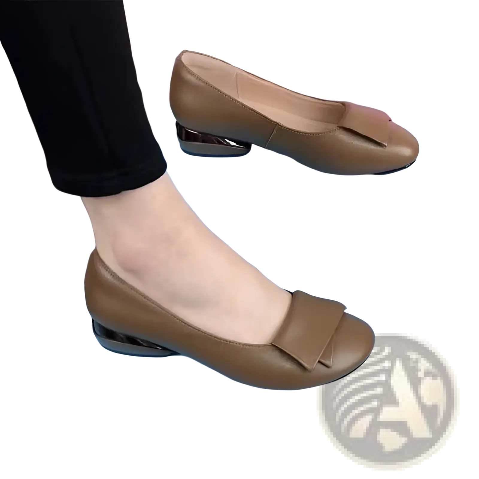 Brown leather loafers with square toe and glossy black block heel featuring bow detail in front view