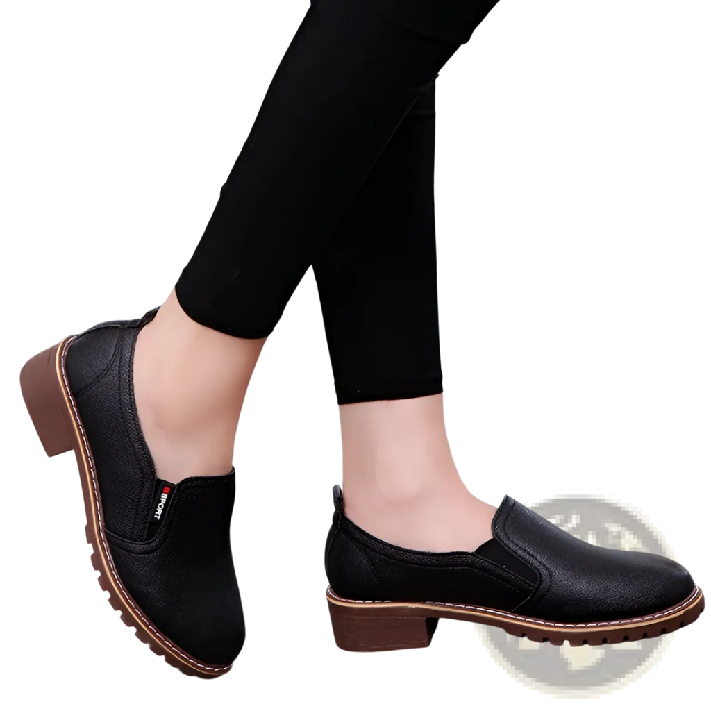 Black leather slip-on loafers with brown stitching details and low block heel waterproof platform flat shoes