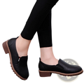 Black leather slip-on loafers with brown stitching details and low block heel waterproof platform flat shoes