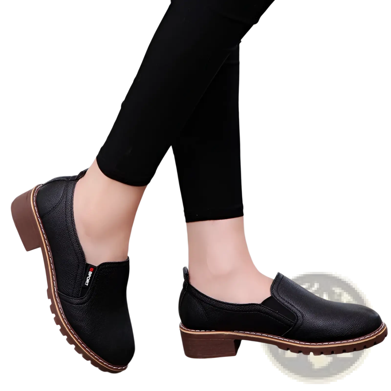Black leather slip-on loafers with brown stitching details and low block heel waterproof platform flat shoes