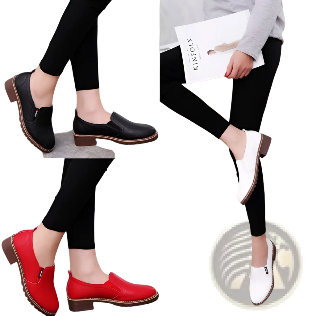 Leather loafers waterproof platform flat shoes in black red and white slip-on style with low block heels and brown soles