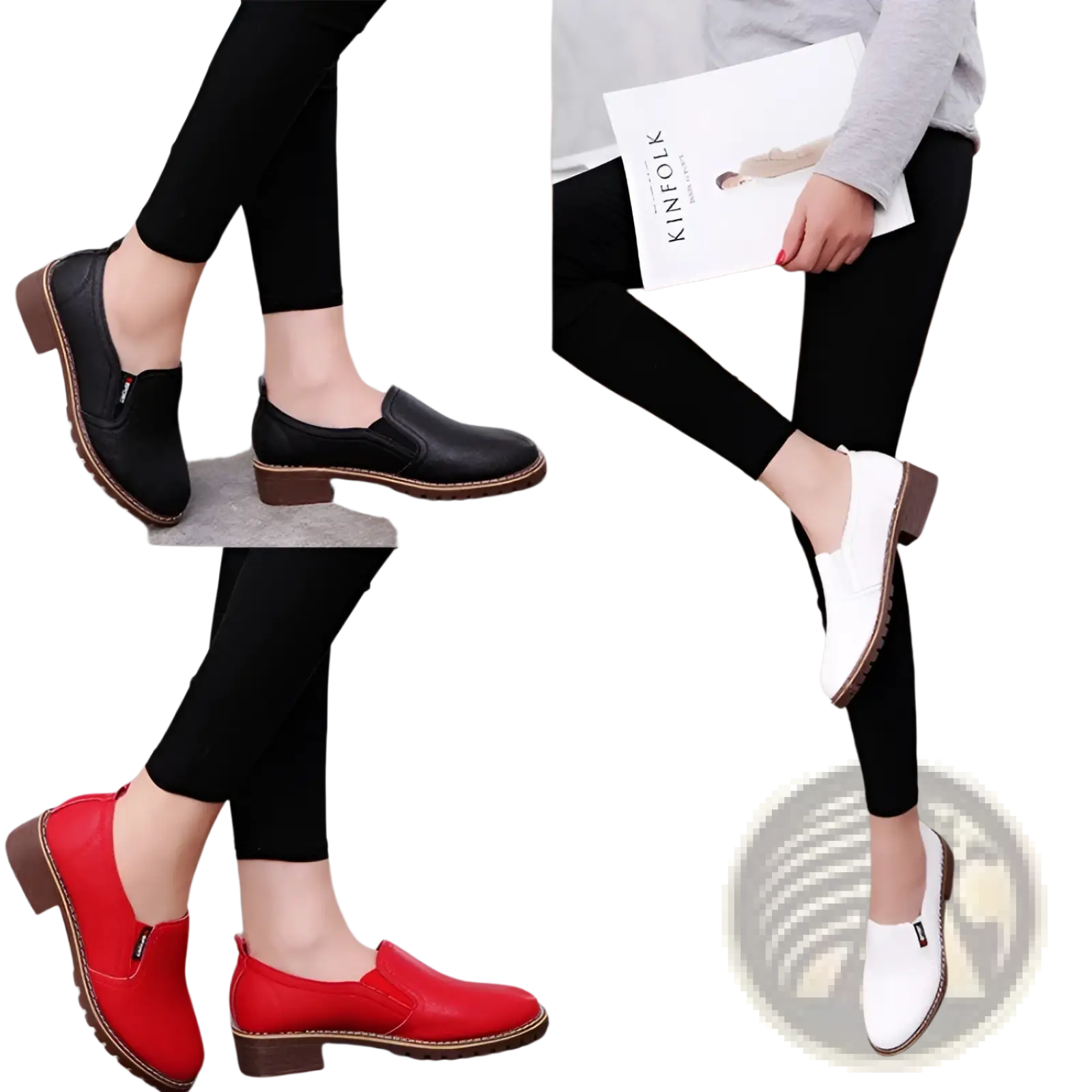 Leather loafers waterproof platform flat shoes in black red and white slip-on style with low block heels and brown soles