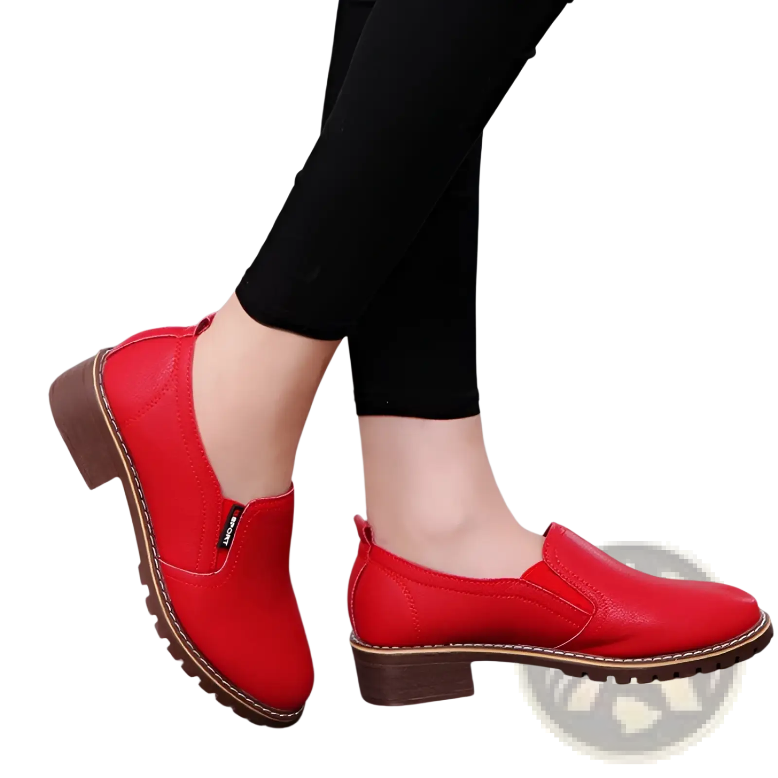 Red leather waterproof platform loafers with low block heel and brown soles slip on for comfortable wear