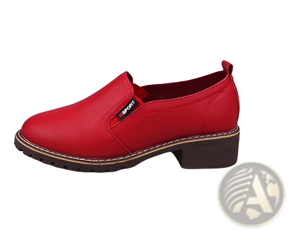 Red leather waterproof platform slip-on loafers with low block heel and brown stitching details