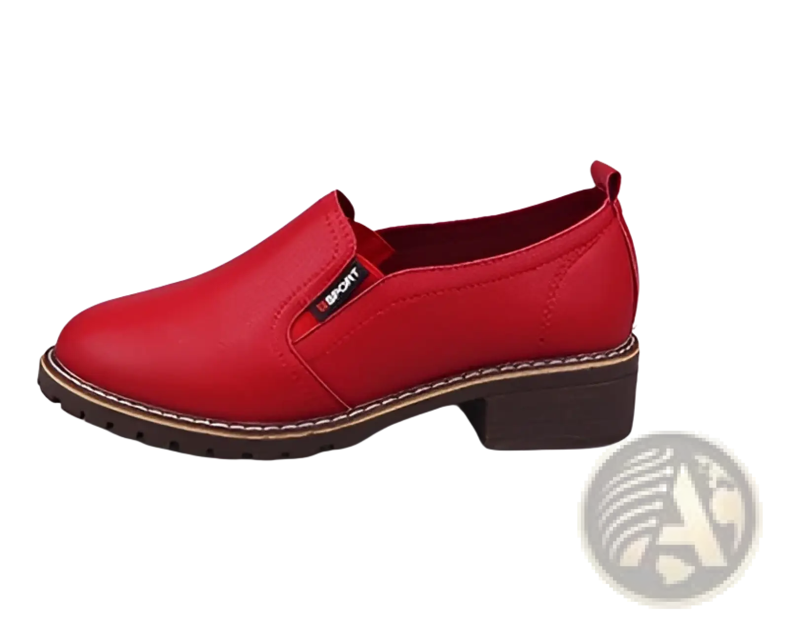 Red leather waterproof platform slip-on loafers with low block heel and brown stitching details