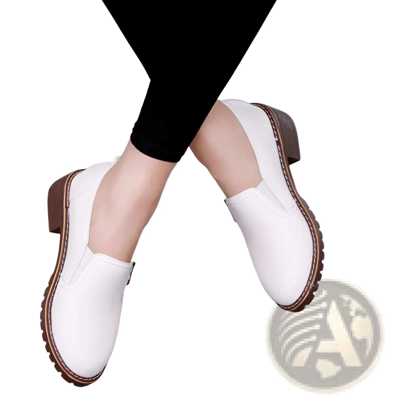 White leather slip-on waterproof platform loafers with brown soles and stitching for comfortable flat wear