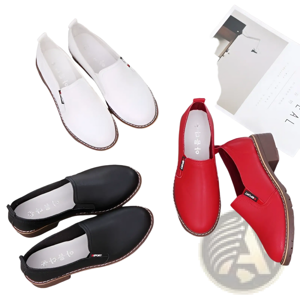 Leather loafers waterproof platform flat shoes in white black and red slip-on style with brown soles and stitching