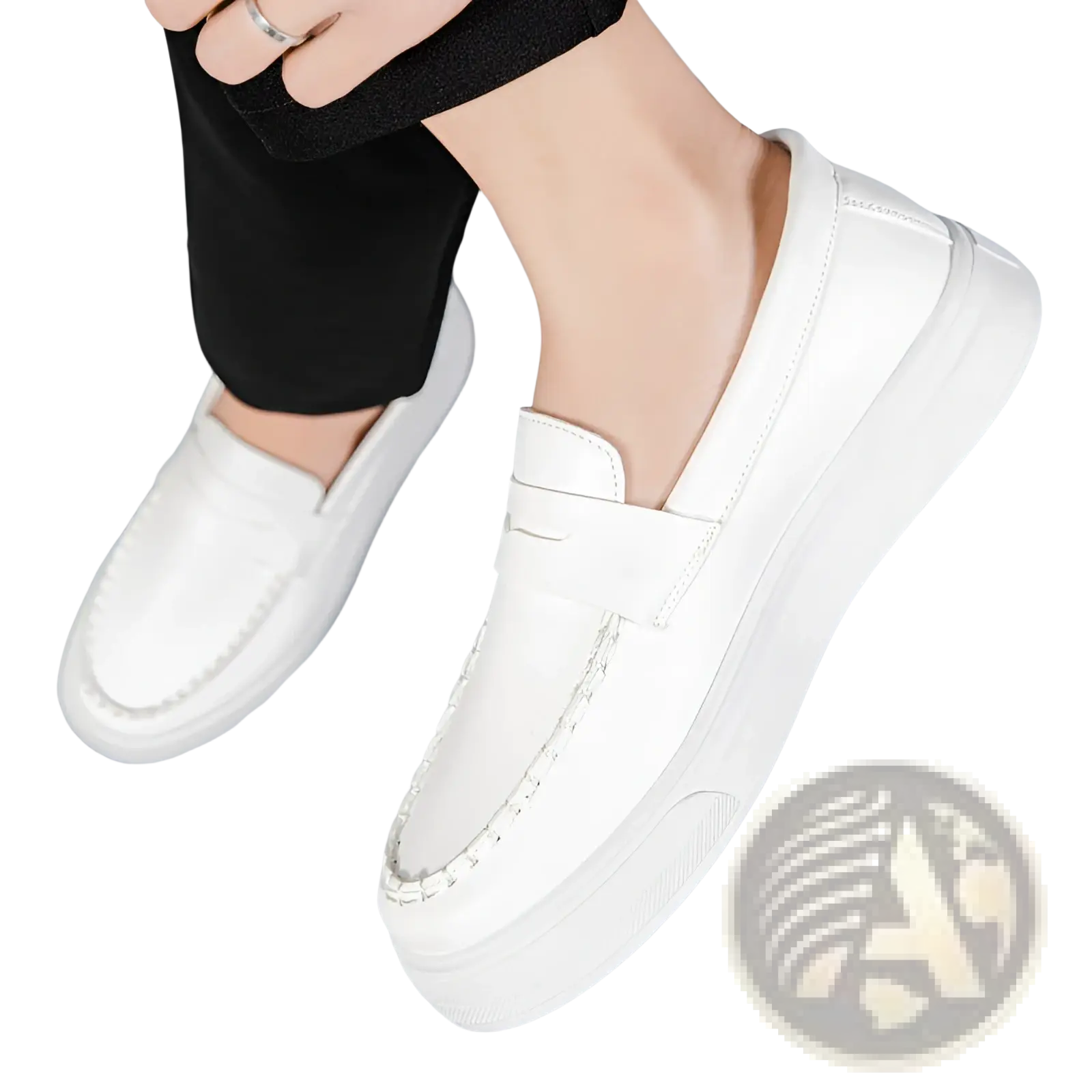 White leather slip-on loafers with thick white rubber platform soles and decorative stitching on the upper