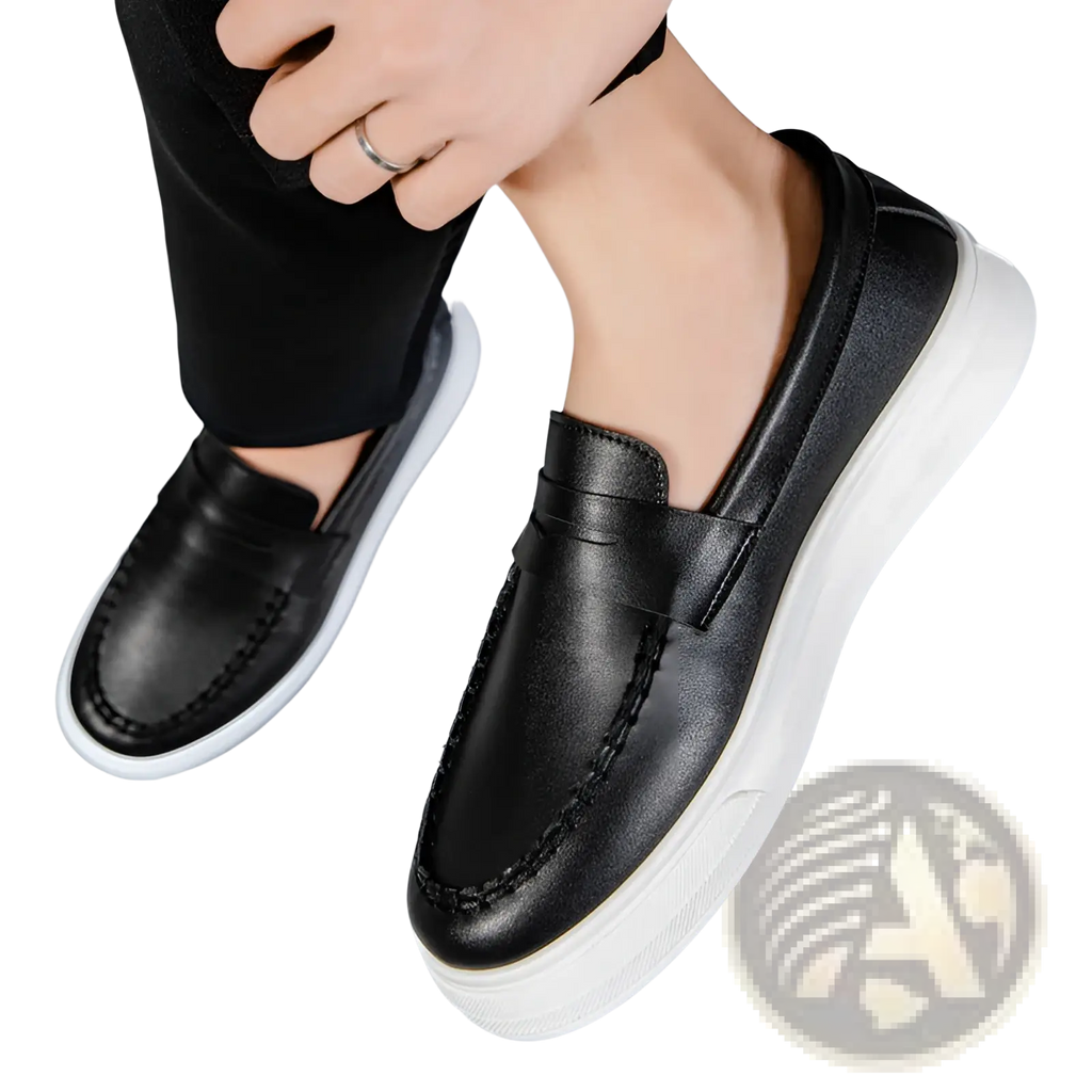 Black leather slip-on loafers with white rubber soles and stitched detailing for comfortable casual wear