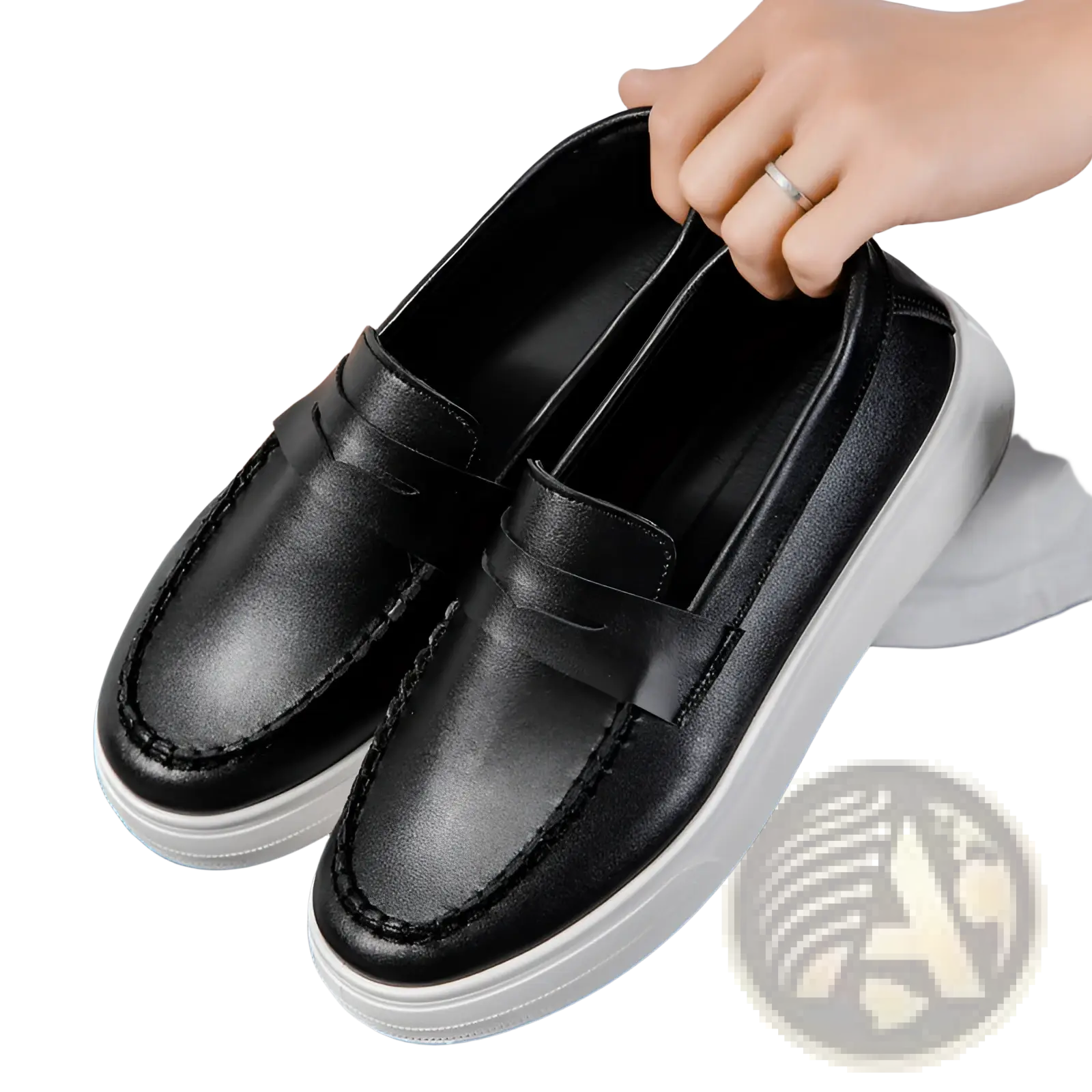 Black leather slip-on loafers with white rubber soles and contrasting stitching for casual and formal wear
