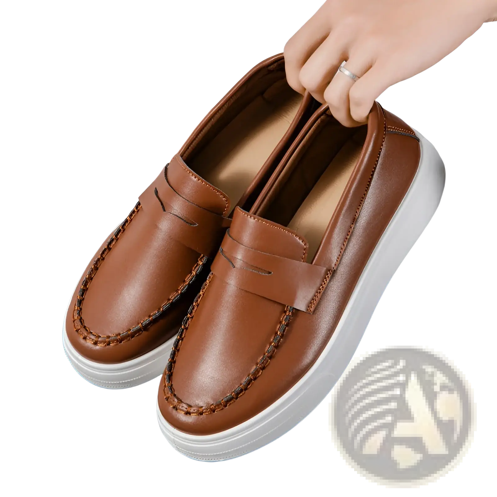 Brown leather loafers with white rubber soles and decorative stitching designed for stylish casual wear