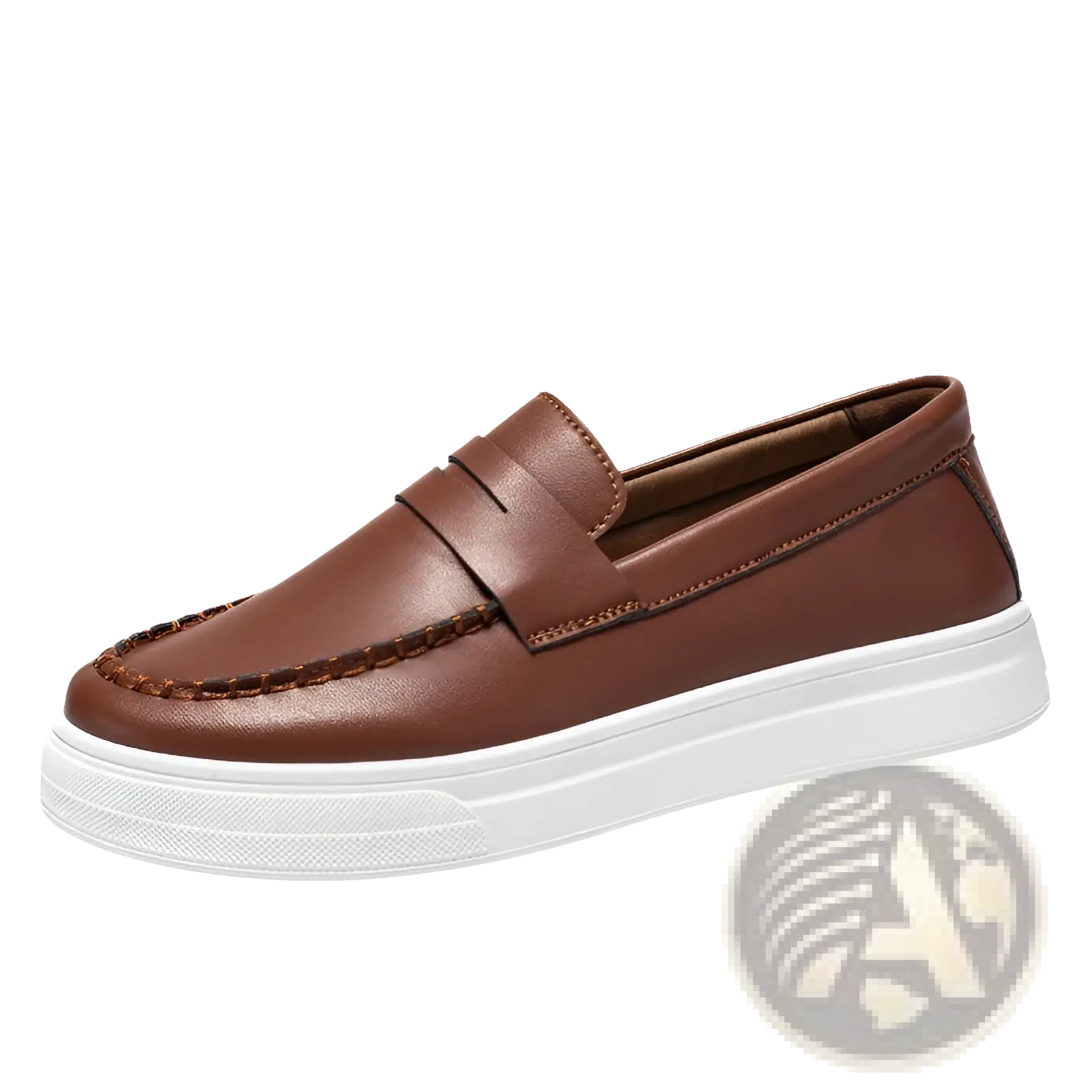 Brown leather loafers with white rubber platform soles and decorative toe stitching for casual wear