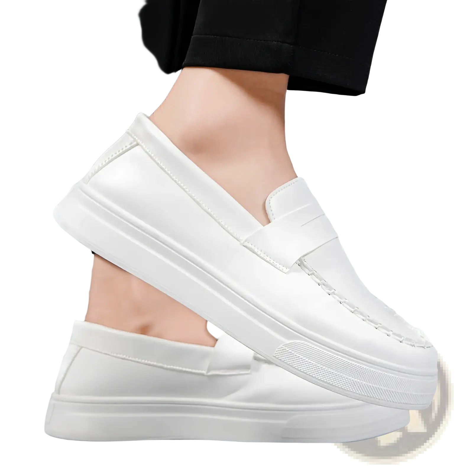 White leather slip-on loafers with thick white rubber platform sole and stitched detailing