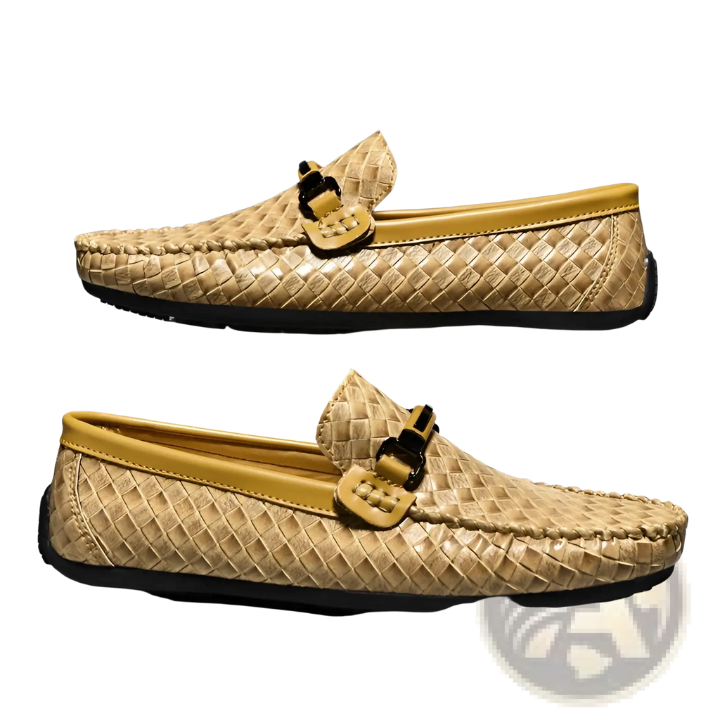 Beige woven leather loafers with yellow rubber sole and black buckle accents designed as casual slip on shoes