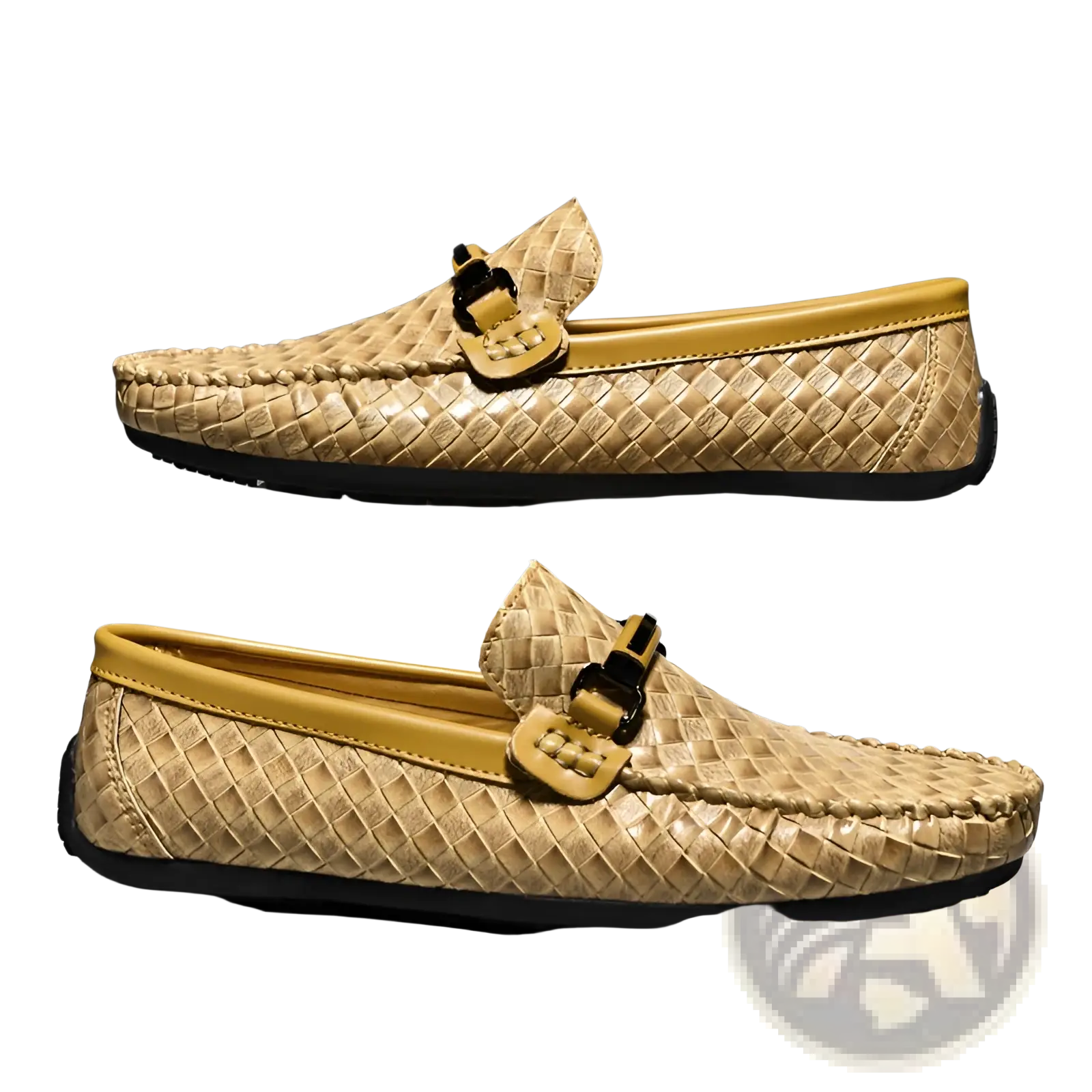 Beige woven leather loafers with yellow rubber sole and black buckle accents designed as casual slip on shoes