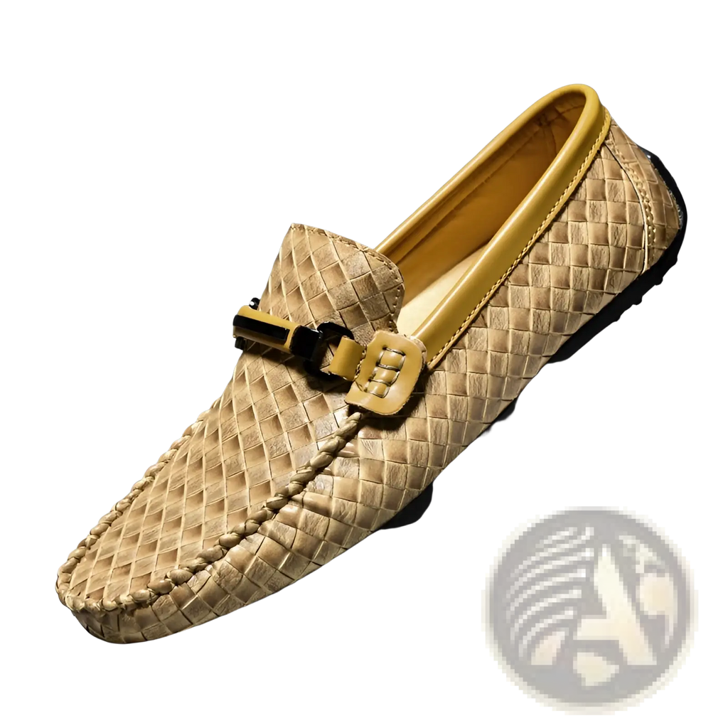 Beige woven leather loafers with yellow-brown buckle and matching lining slip on for casual wear