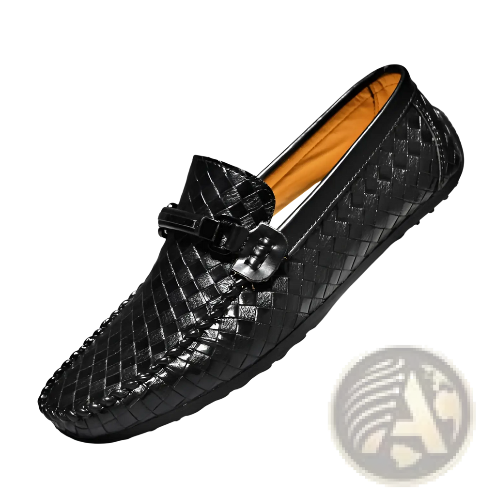 Black woven leather loafers with a glossy finish and contrasting orange interior lining for casual slip-on wear
