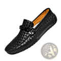 Black woven leather loafers with a glossy finish and contrasting orange interior lining for casual slip-on wear