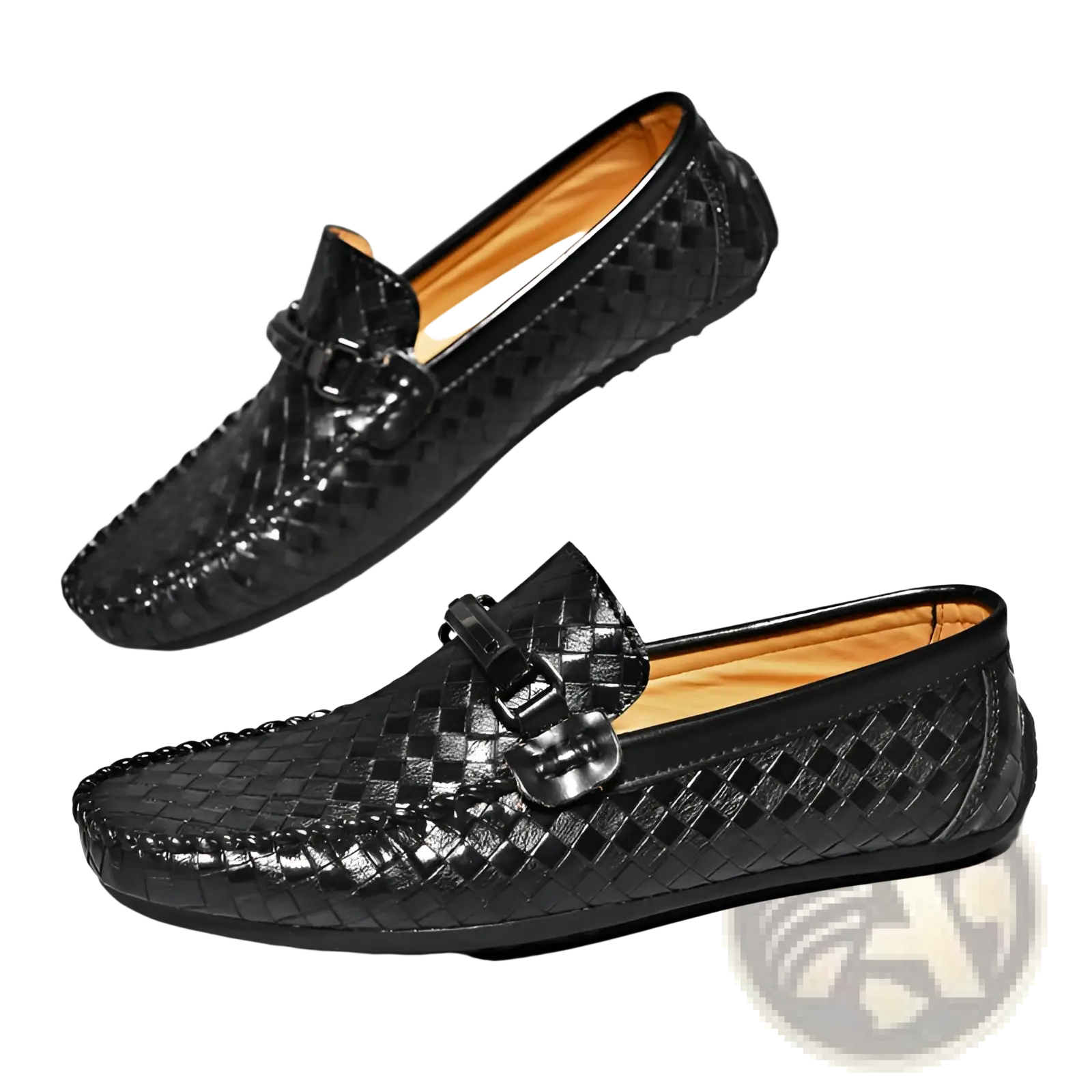 Black woven leather loafers with a glossy finish and metallic buckle slip on for casual wear
