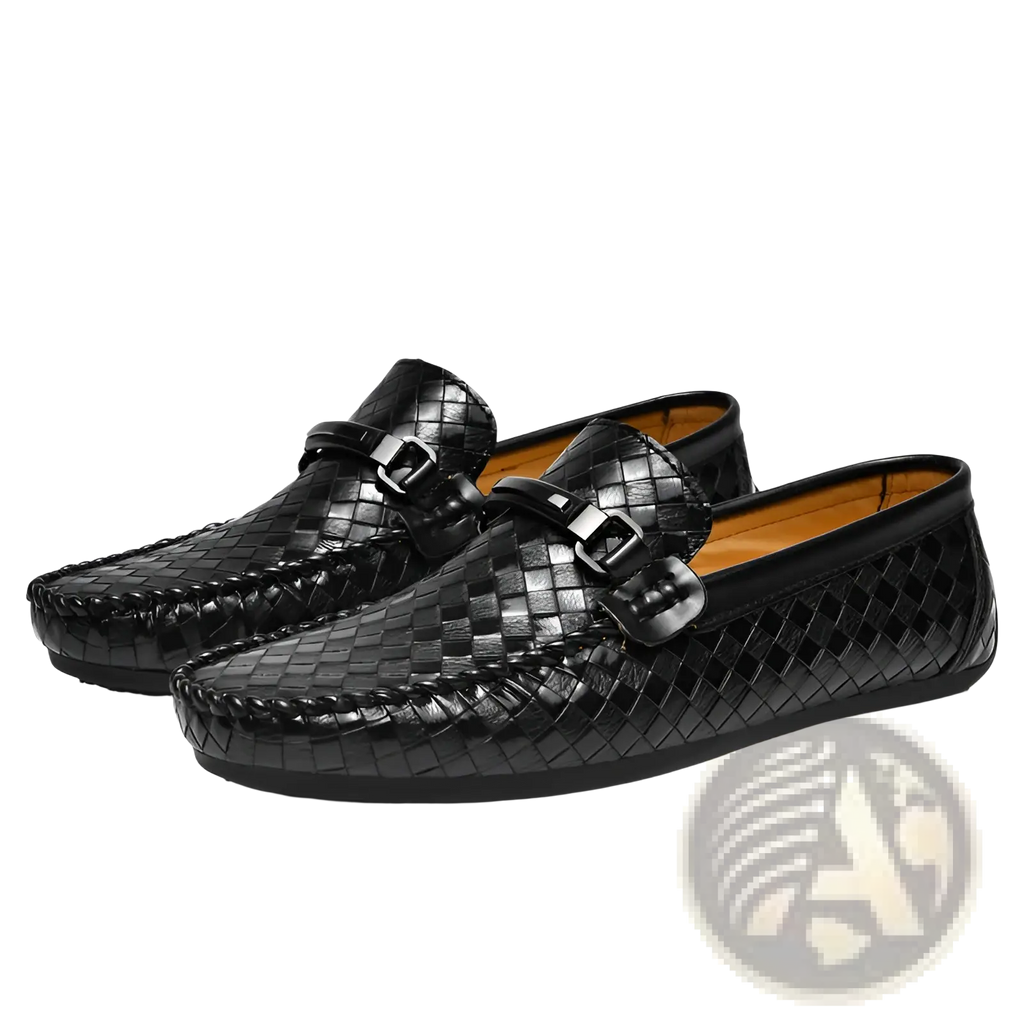 Black woven leather loafers with glossy finish and metallic buckle accents slip on for casual wear