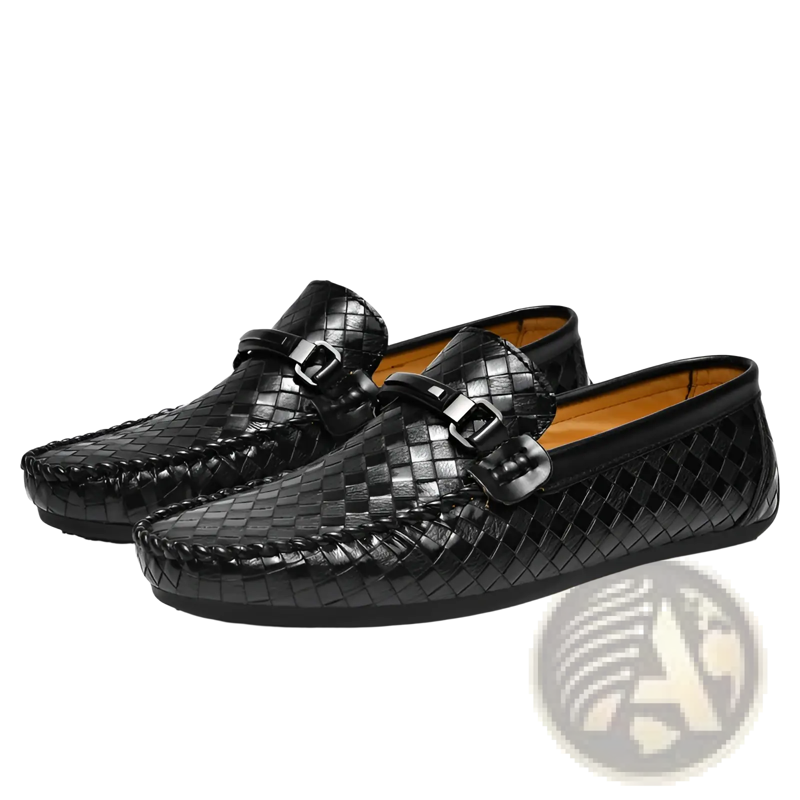 Black woven leather loafers with glossy finish and metallic buckle accents slip on for casual wear