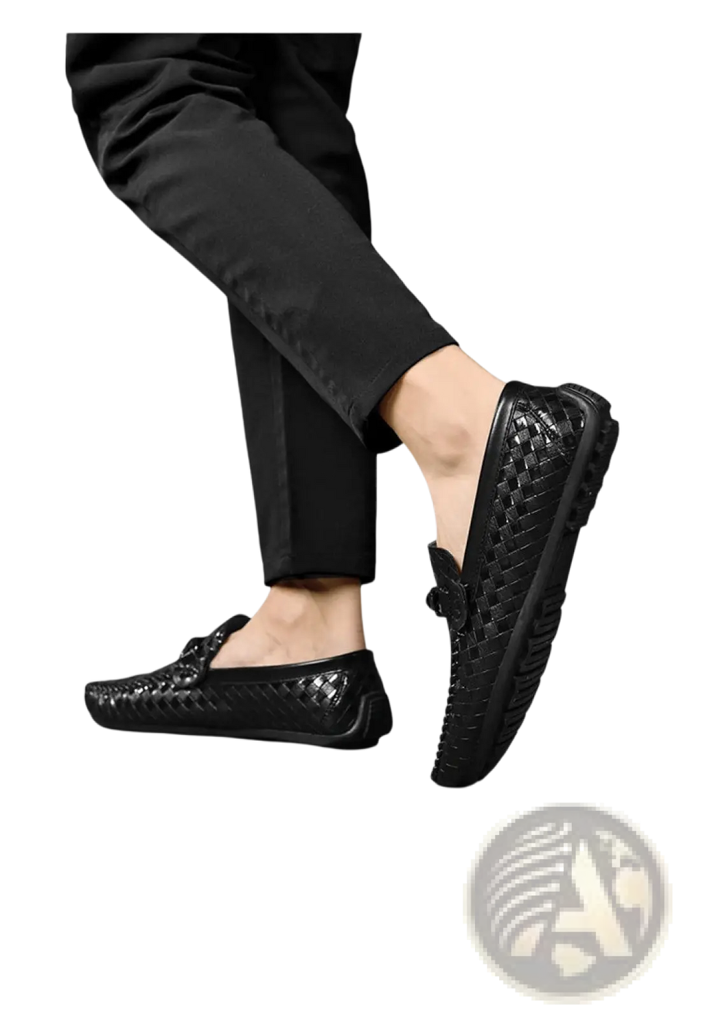 Black woven leather loafers with a textured braided pattern and classic slip-on design for casual use