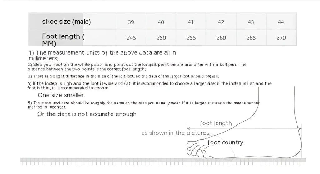 A detailed shoe size chart for leather loafers woven buckle slip on casual shoes showing men sizes 39 to 44 in millimeters