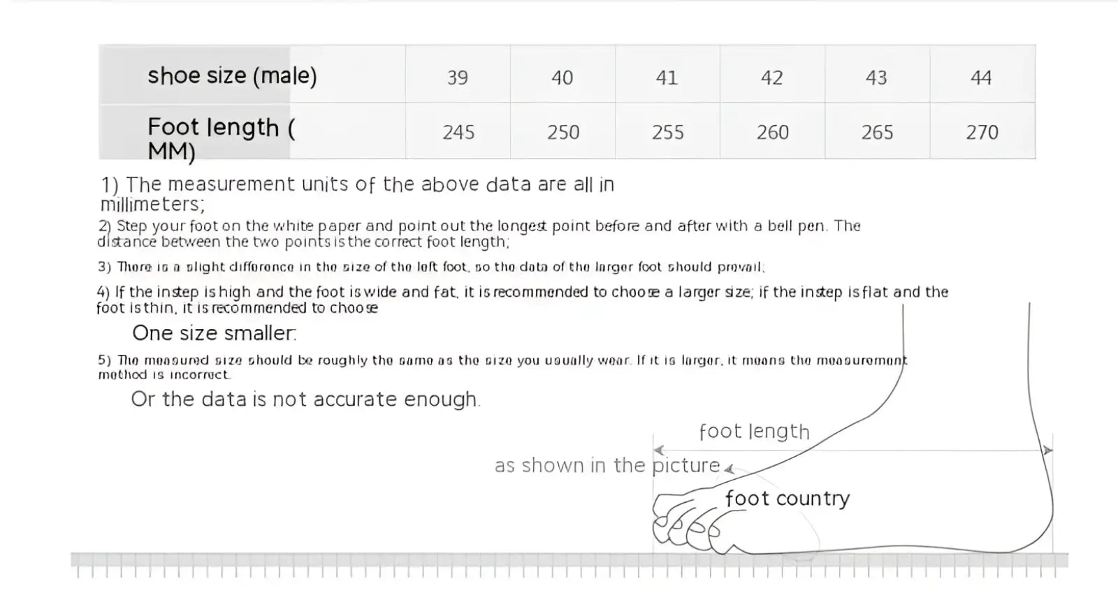 A detailed shoe size chart for leather loafers woven buckle slip on casual shoes showing men sizes 39 to 44 in millimeters