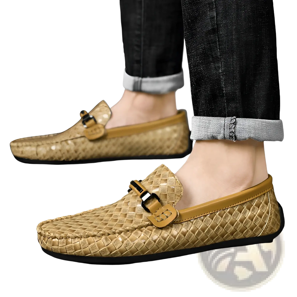 Tan leather loafers woven with braided texture featuring a metallic buckle slip on casual shoes