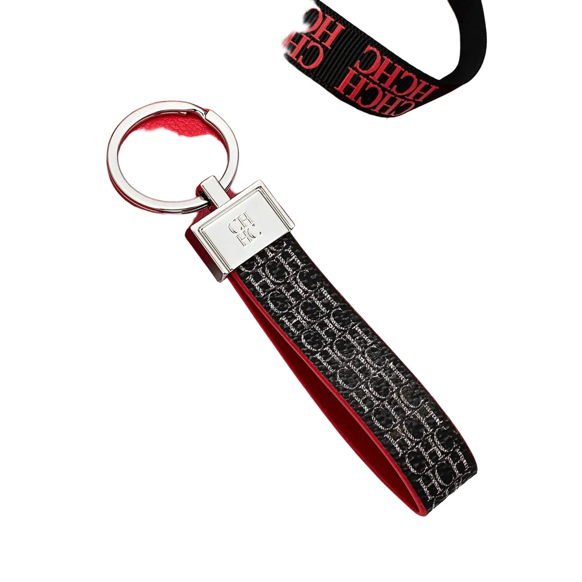 Black and red leather logo keychain with silver metal ring and embossed logo pattern on fabric strap fashion accessory gift