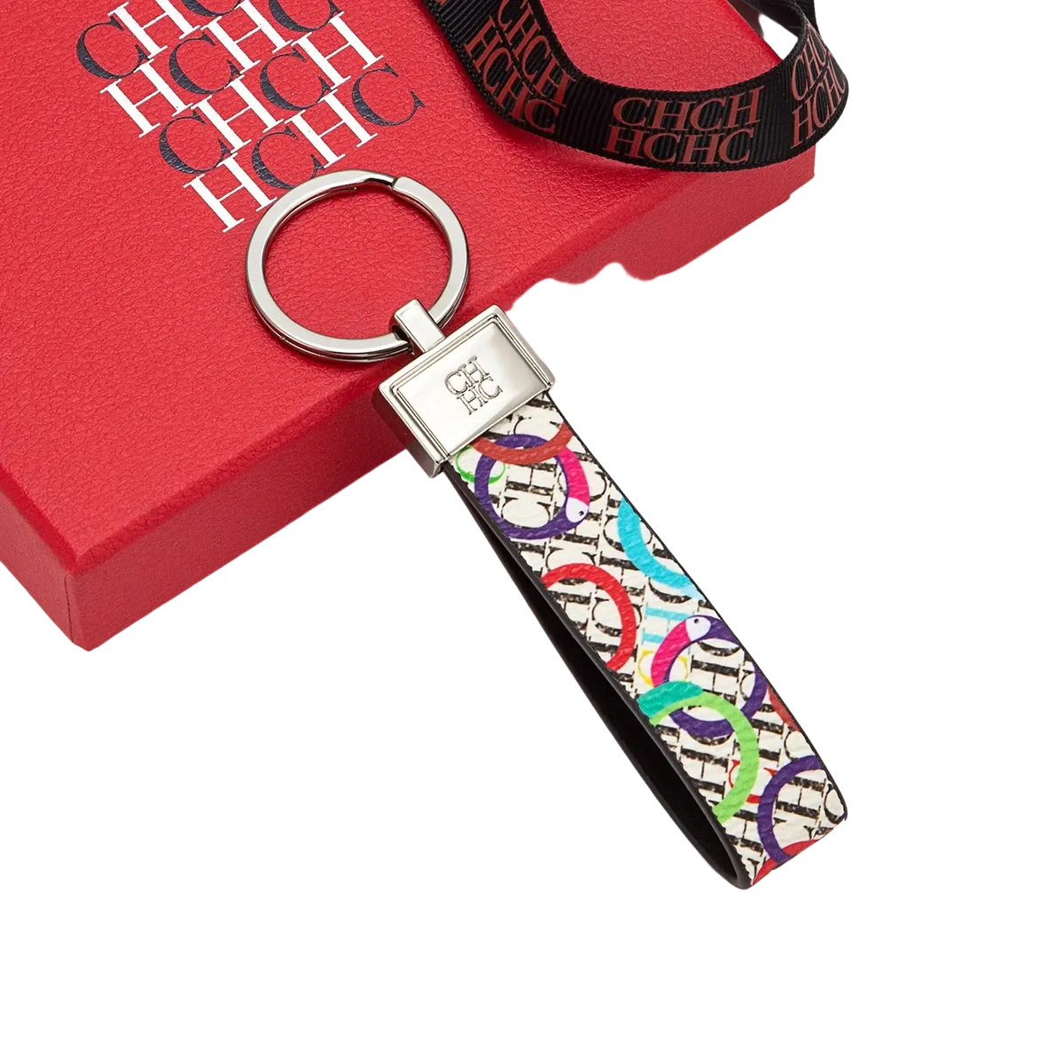 Colorful patterned leather logo keychain with silver metal ring and rectangular clasp chicchc designer accessory gift