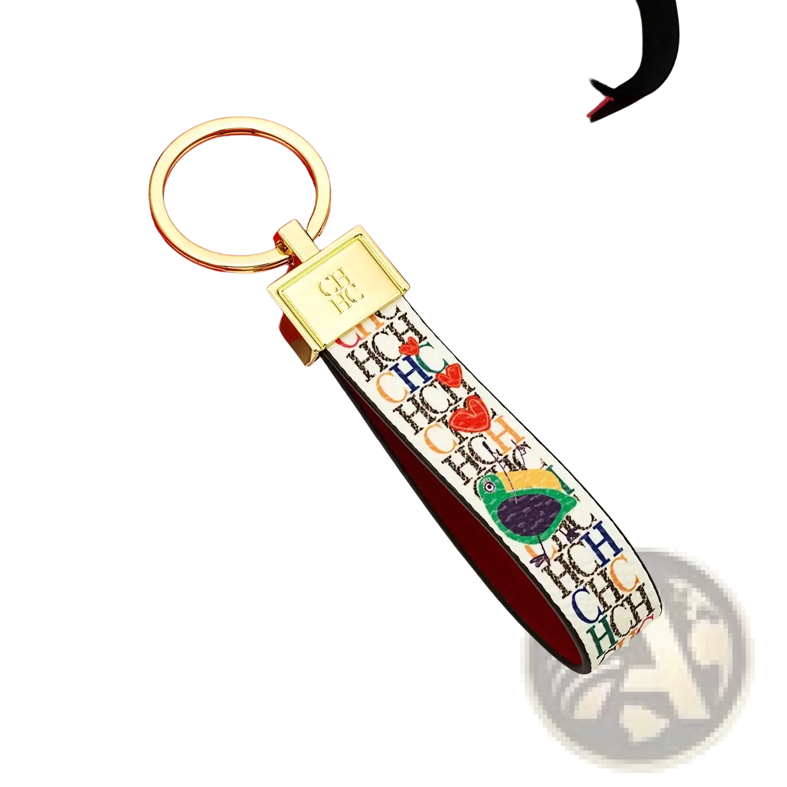 Leather logo keychain with a colorful patterned design, gold-tone metal ring and clasp, featuring hchc logo and hearts