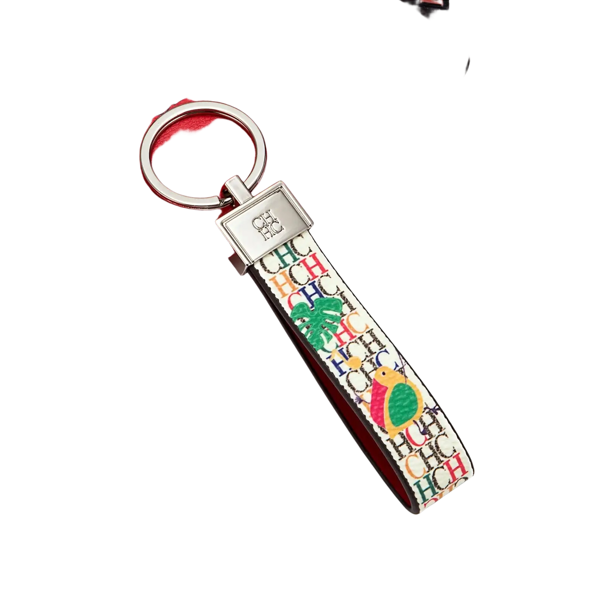 Leather logo keychain colorful patterned keychain with silver metal ring and rectangular clasp featuring chic logo